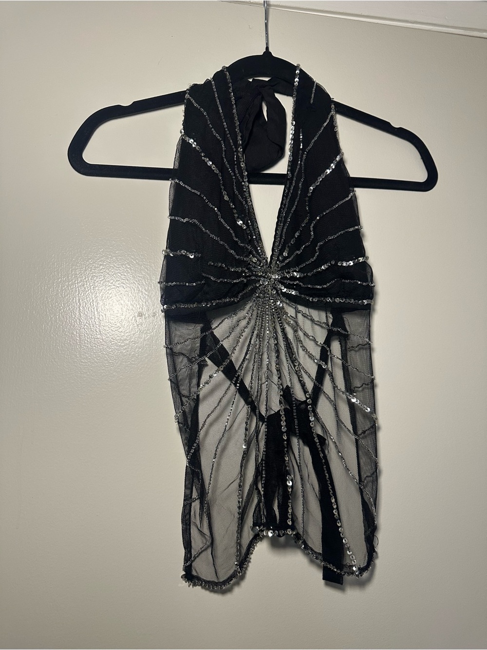 Poetry Black Sequin Halter Sheer Mesh Top